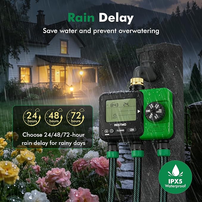 RESTMO Sprinkler Timer for Outdoor Hose Faucet 3 Zone, Up to 9h59m Programmable Watering Timer for Soaker Hose, Filling, Misting with Brass Inlet, Rain Delay/Manual/Automatic Irrigation System