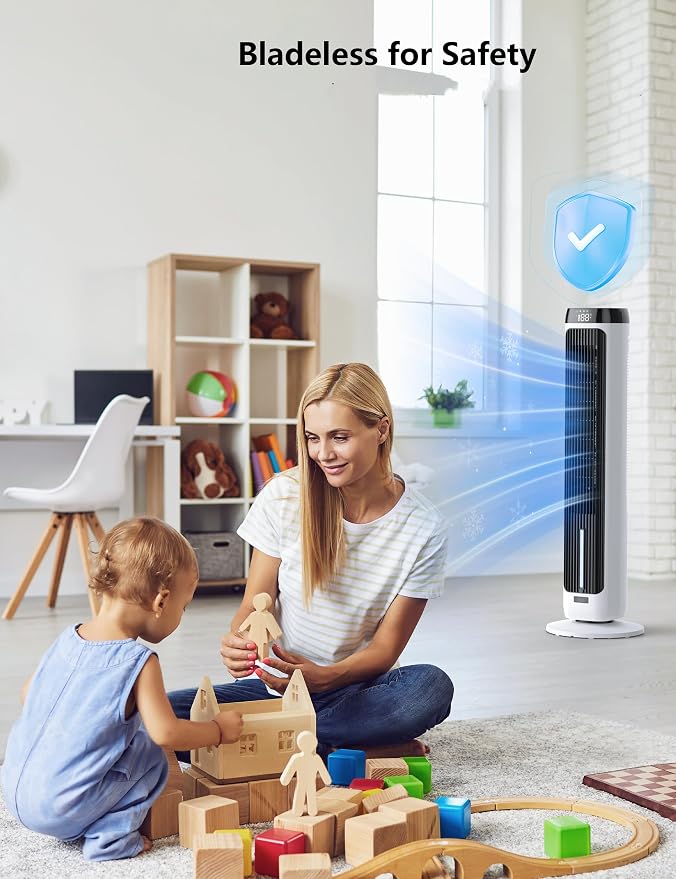 PNTCK 41" Evaporative Air Cooler, Bladeless Tower Fan Cooling Fan with 3 Speeds & 5 Modes, Ice Packs, 12H Timer, Remote, 80° Oscillating, 3-IN-1 Swamp Cooler for Bedroom Office Large Room