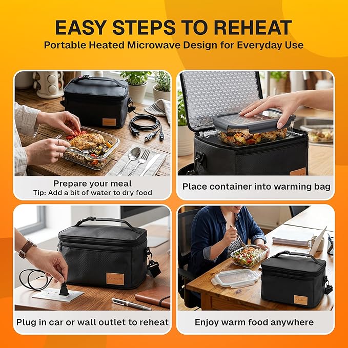 FORABEST Portable Microwave Food Warmer - Electric Lunch Box 80W with Insulated Bag and Utensils - 12V/24V Car/Truck & 110/220V Home/Office Use - Fits up to 10 x 7 x 5 Inches Containers - Black