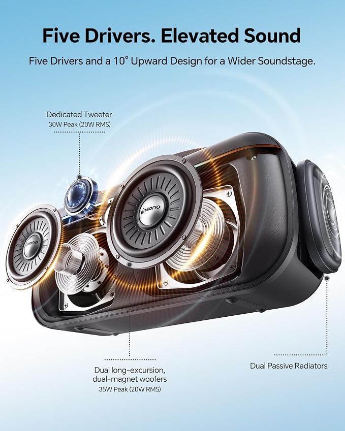 dbsono Portable Bluetooth Speaker Wireless: 100W(Peak) SoundPulse 2.0 with BassBoost, Waterproof Loud Party Speakers, Unlimited Pairing, TWS for Outdoor/Indoor, Beach Vacation Essential, Black