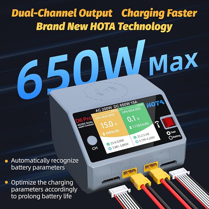 HOTA D6 Pro RC Battery AC200W DC 325W Dual RC Charger 15A Balance Charger for RC 1S 2S 3S 4S 5S 6S Lipo Batteries LiHv Nicd NiMH Battery Charging RC Car, Boat, FPV Race Drone Parts
