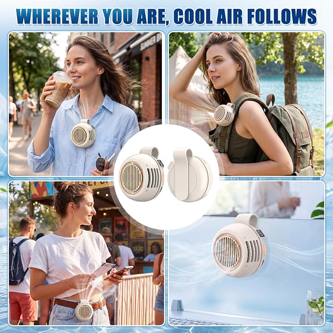 2 Pack Portable Silent Mini Bladeless Fan Clip On 5 Adjustable Speeds Digital Display 360° Rotatable USB Rechargeable Electric Small Fan for Shirt Waist Outdoor Travel(Beige)