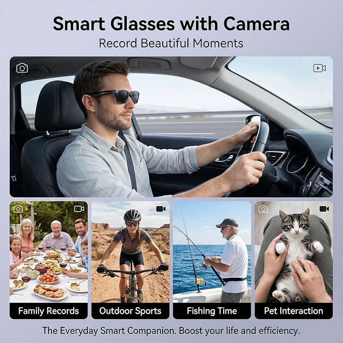 AI Smart Glasses with Camera, 1080P HD POV First-Person View Video Recording and Translator, AI Object Recognition, Bluetooth Audio, 290mAh Battery, Photochromic Lenses for Sports, Travel, Work
