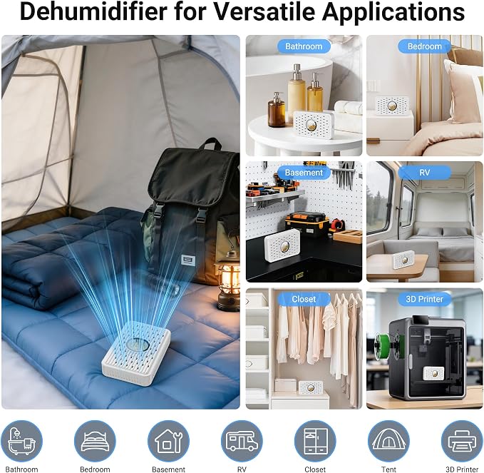 2Pack Auto Power-off USB C Rechargeable Gun Safe Dehumidifier Desiccant,Small Moisture Absorber Silica Gel Packets for 3D Printer Bathroom Bedroom Basement RV Closet Cabinet Windowsill Tent - White