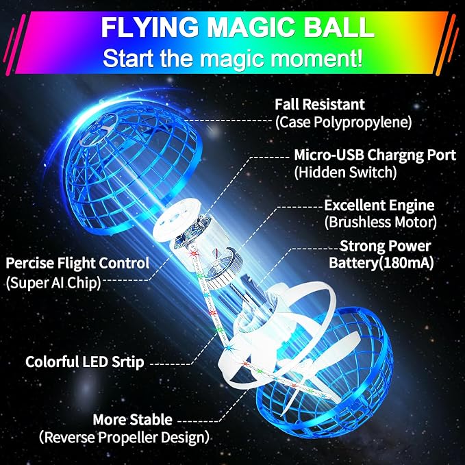 Vantexi Flying Orb Ball Toy,2026 Upgraded Parachute LED,Magic Hand Controlled Mini Gravity Ball,Cosmic Globe Boomerang,Cool Christmas Birthday Gift for 6 7 8 9 10+ Year Old Boys Girls-Bright Blue