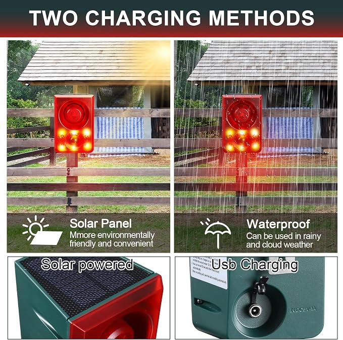 Qualirey Solar Outdoor Motion Sensor Alarm Animal Deterrent Gunshot Sound Dog Barking Alarm 130dB Loud Noise Maker 3 Modes with USB Remote Control Support Recording and Volume Adjustment(4 Pcs,Red)