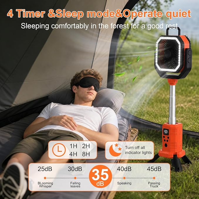 Portable Rechargeable Fan with Stand,20000mAh Battery Powered Camping Fan with LED Lantern& Remote,Cordless,4 Speeds Wind,Timer for Travel Tent, Fishing,Rv Camping Essentials-Orange