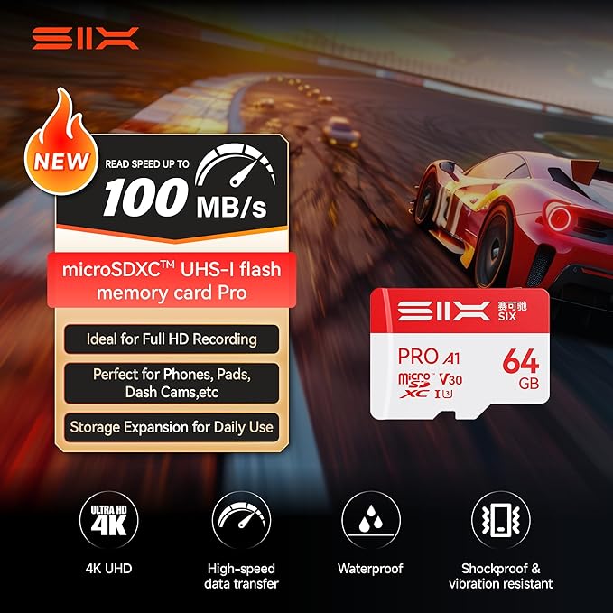 SIX M100 64GB Micro SD Card Read Up to 100MB/s - A1, U3, V30 Support 4K UHD microSDXC Memory Card 64GB with Adapter for Android Phones, Tablets, Dash Cams, Action Cameras, Drones, Gaming Consoles
