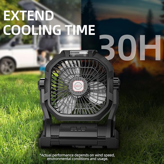 Camping Fan Rechargeable, 20000mAh Battery Powered Portable Fan with LED Light & Hook, 4-Speed 270° Adjustable, Camping Essentials for Tent, Travel, Car, Outdoor, Indoor, BBQ, Fishing, Jobsite