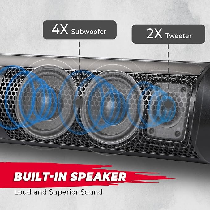KEMIMOTO UTV Sound Bar 28 Inch ATV Soundbar 4X Subwoofers 2X Tweeters Bluetooth Golf Cart Sound Bar Compatible with Polaris RZR Can-Am CFMOTO, Fit for 1.56"- 2.25" Roll Cage w/Golf Cart Mounts