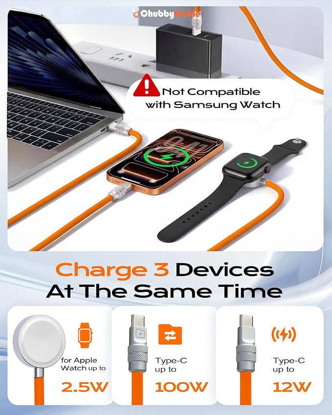 chubbycable Tri-Flex 3 in 1 USB C Cable for Apple Watch Charger Silicone 100W Multi Charging Cable Fast Charge Compatible with iPhone 17-15 Series Apple Watch iPad MacBook AirPods, 4.1FT, All Black