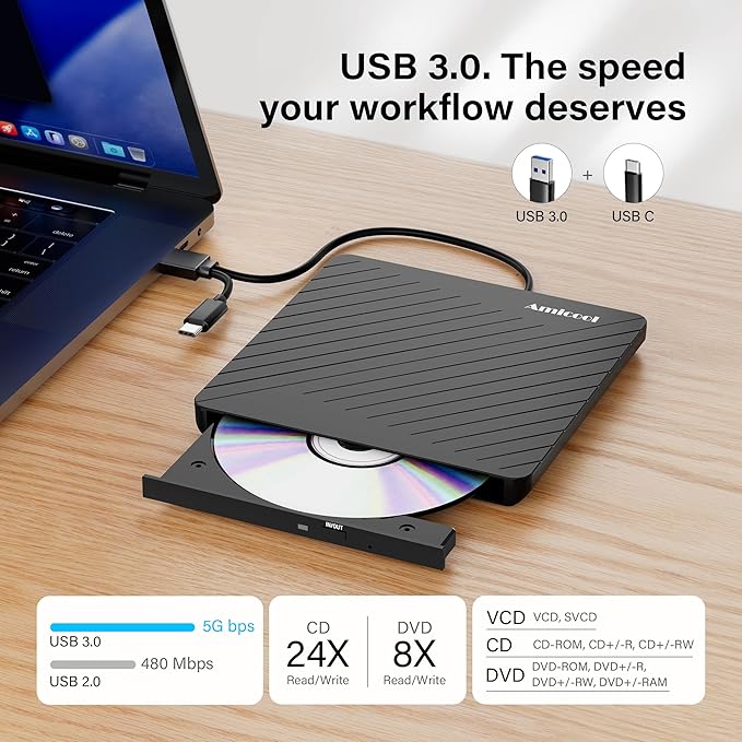 Amicool External USB-C USB 3.0 CD/DVD Drive Burner +/-RW, Ultra-Slim Portable DVD Player Writer Reader for Mac iMac MacBook, Windows 11/10/8 Linux, Laptop Desktop PC Computer Optical Drive