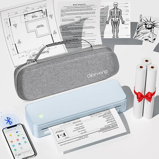 Gloryang Inkless Portable Printer for Travel, Wireless Thermal Printer Supports 8.5" x 11" US Letter Size, Bluetooth Machine Includes Carry Case and 3 Rolls of Thermal Paper Kit, Blue