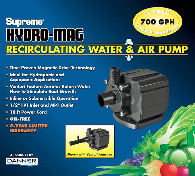 Danner Manufacturing, Inc., Supreme 700 GPH Hydro-Mag Recirculating Water & Air Pump with Venturi, 40127