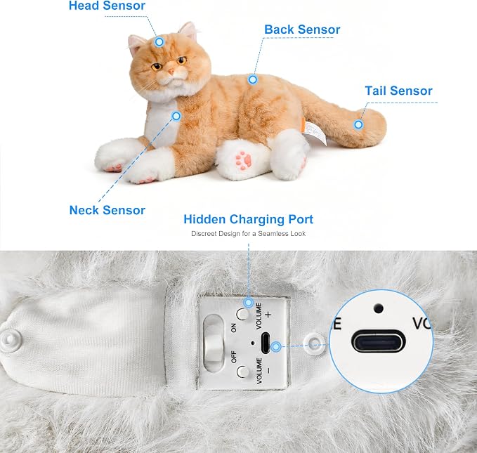 Chongker Realistic Interactive Robot Cat Plush for Seniors, Companion Stuffed Cat with Meowing, Purring, Heartbeat Vibration & Voice Response, Soft Robotic Cat for Relaxation and Emotional Comfort