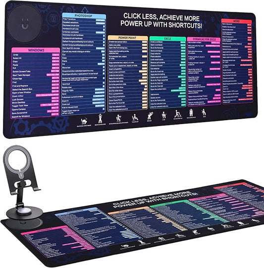 Excel Cheat Sheet Wireless Mouse Pad with Phone Stand, 31.5"x12" Extended Excel Shortcuts Desk Pad, Waterproof Ultra-Smooth Keyboard Mat, Non-Slip Base (Phone Stand NOT Charger)