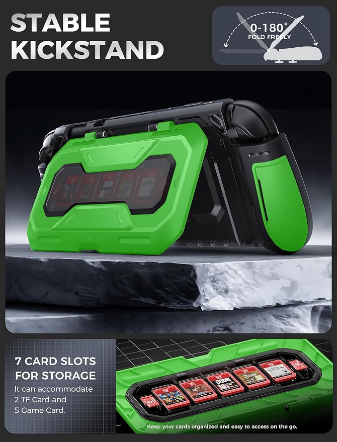 Mumba Dockable for Nintendo Switch 2 Case with Flip Stand, [Titan] Ergonomic Switch 2 Grip Protective Cover Holds 5 Game Cards & 2 TF Cards TPU Accessories and Quick-Release Joy-Con Design (Green)