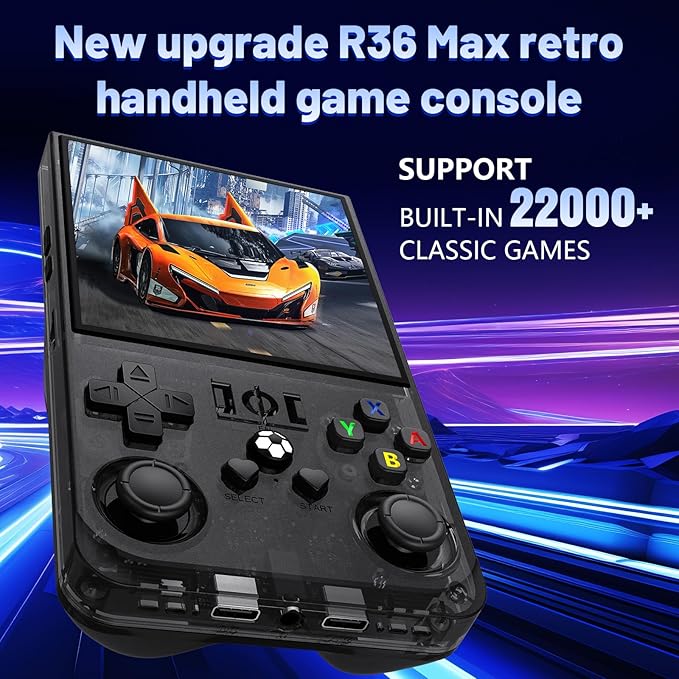 R36MAX Retro Handheld Game Console, 4.0-Inch IPS Display, 720x720 Resolution, Linux System, 64GB Support 18,000+ Classic Games, 4000mah Battery, with Portable Case(Blue)