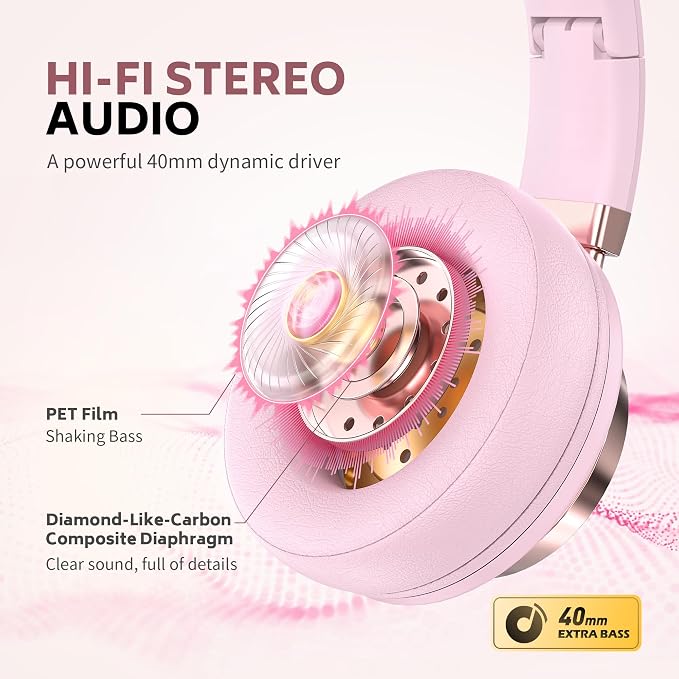 Wired Over-Ear Headphones with Microphone, Foldable Pink Headset with Passive Noise Isolating, Comfort Protein Leather Earcups for Teens, Women, Girls, 3.5mm Jack Laptop Headphones for Study, Work