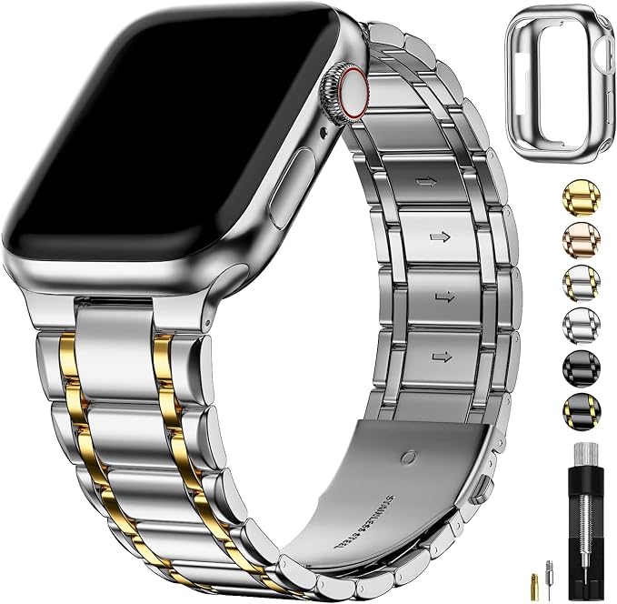 Fullmosa Bands Compatible with Apple Watch Band 46mm Series 11 10, Stainless Steel iWatch Band with Case for Apple Watch, Silver and Gold