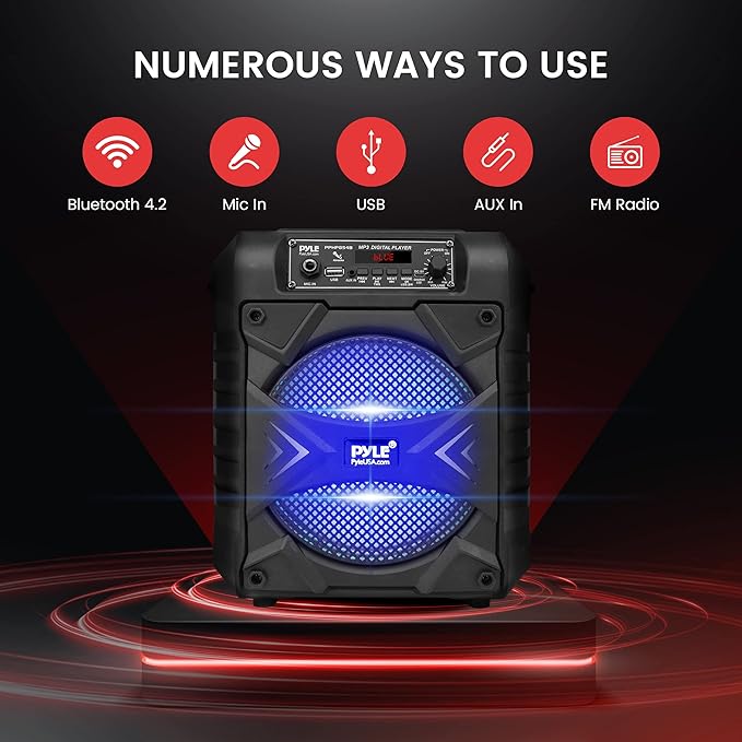Pyle Portable Bluetooth PA Speaker System, 300W Rechargeable Outdoor Bluetooth Speaker Portable PA System w/ 8” Subwoofer, AUX, Microphone in, Party Lights, MP3/USB, Radio, Remote