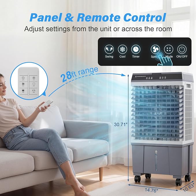 Portable Evaporative Air Cooler, 1800CFM Swamp Cooler with 5.5 Gallon Top Fill Tank, 4 Ice Packs, 120° Oscillation, 3 Speeds, 12 Hour Timer, Remote, for Home Office Bedroom