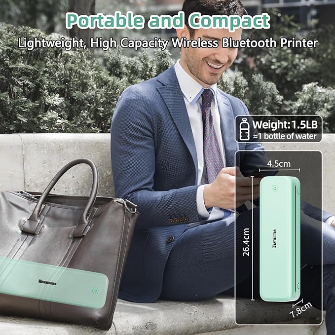 Phomemo M834 Portable Printer, Wireless Bluetooth Thermal Printer, Support Multi-Size Thermal Paper, Compatible with iOS, Android & PC, Mobile Printers for Travel, Office, School, Green