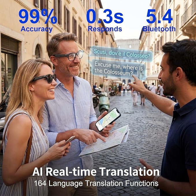 AI Smart Glasses with Camera, 8MP HD Video, Real-Time Translation | Photo Capture,Object Recognition,300 mAh Battery,80min Video Time,Open-Ear Music, Bluetooth Calls, AI Assistant