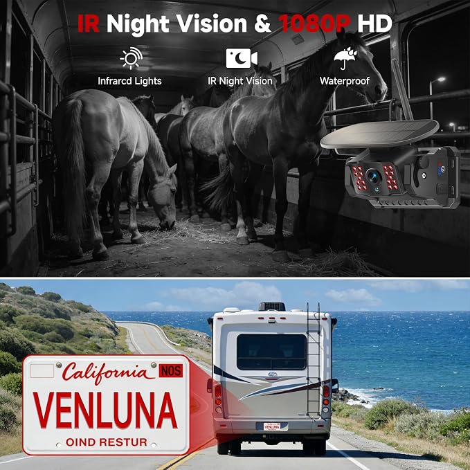 Magnetic Wireless Backup Camera with 7" 1080P 4CH Monitor for Truck | 15000mAh Battery Solar Powered Waterproof Reverse camera, DVR Recording, 500ft Range for Horse Trailer RV Pickup Tractor Boat