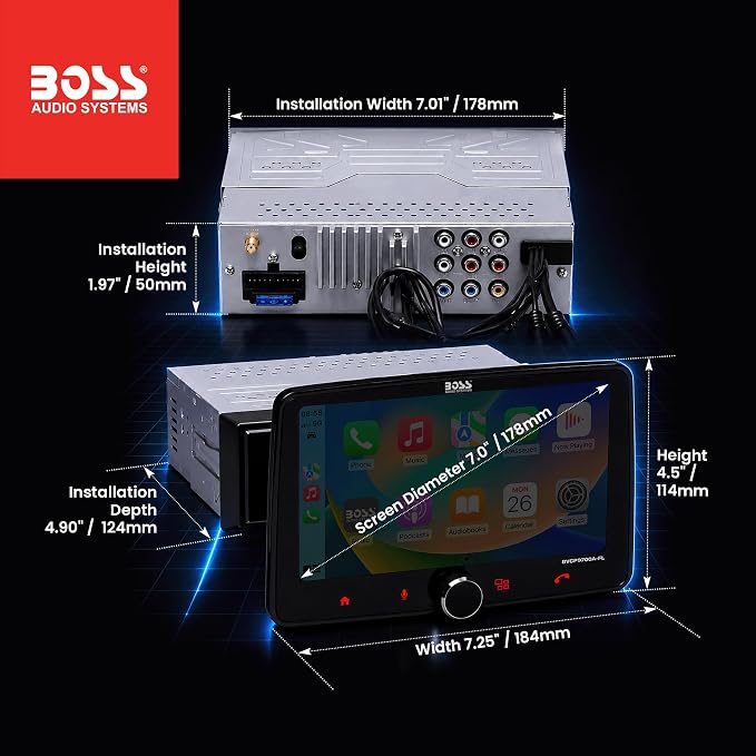 BOSS Audio Systems BVCP9700A-FL Single DIN Car Stereo Wireless Apple CarPlay, Android Auto, 7 Inch Touchscreen, Bluetooth, AM/FM Radio Receiver