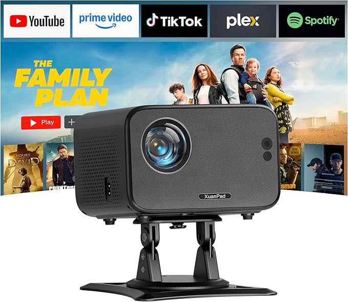 [Officially-Licensed App & Auto Focus]Light Black Smart Mini Projector with WiFi and Bluetooth, XuanPad 4K Support Movie Projector, Portable Native 1080P Outdoor Projector with 360° Stand