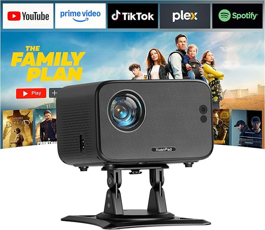 [Officially-Licensed App & Auto Focus]Light Black Smart Mini Projector with WiFi and Bluetooth, XuanPad 4K Support Movie Projector, Portable Native 1080P Outdoor Projector with 360° Stand