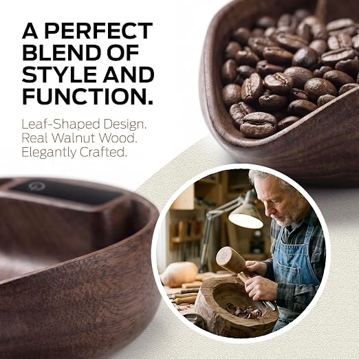 Luviora Walnut Wood Coffee Scale with Spoon, 0.1g Precision Digital | Wooden, Mini Coffee Scale, USB-C Rechargeable, Espresso & Pour-over, Coffee beans & Kitchen Use, Minimalist Design
