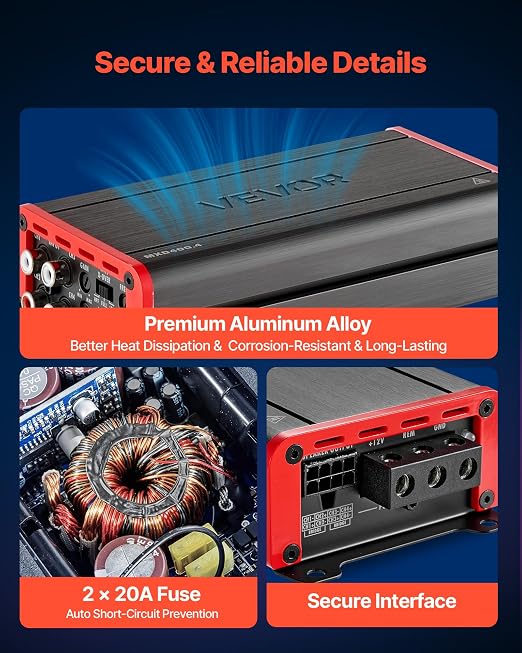 VEVOR 4 Channel Car Audio Amplifier 2 Ohm Stable Bridgeable Class D Full Range Amp Max Power 4 x 272W @ 4 Ohm / 4 x 400W @ 2 Ohm for Car SUV Truck Off-Road