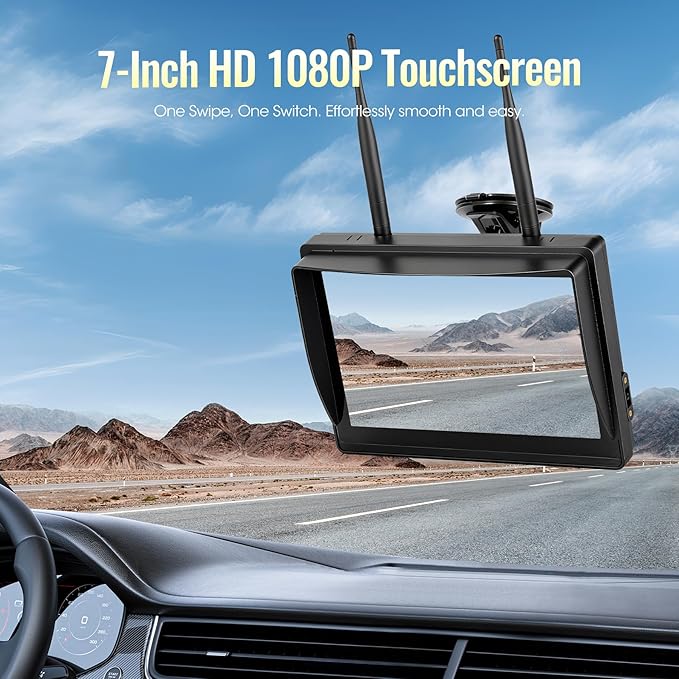Wireless RV Backup Camera System 7" 1080P Touch Screen & 3 Cameras, Compatible with Furrion Pre-Wired Plug, DVR Monitor & Waterproof Night Vision Rear Side View Camera for Trailer Truck