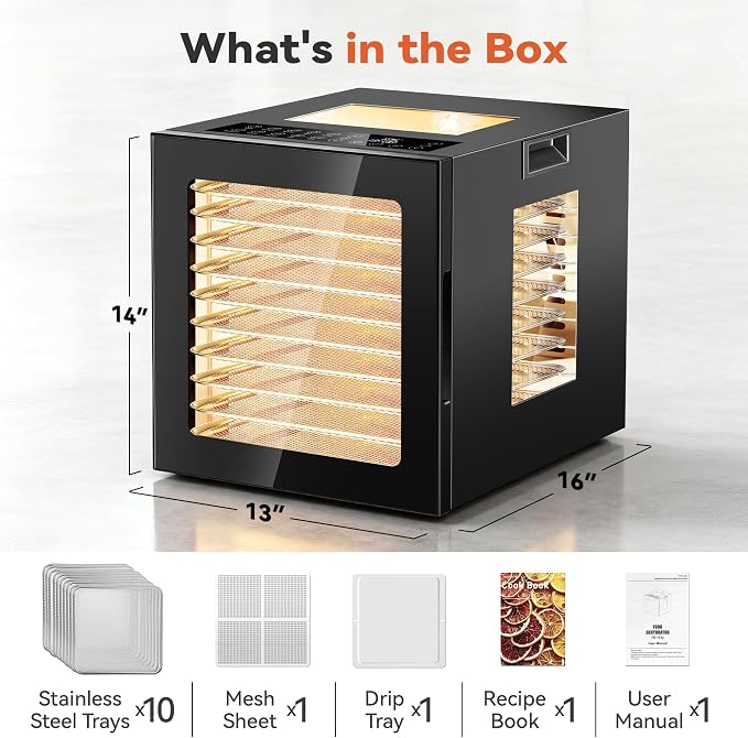 Manastin Food Dehydrator Machine 10 Stainless Steel Trays, 850W Dryer for Meat Jerky, Fruit, Herbs, Yogurt & Dog Treats, 95-167℉ Dehydrated Dryer, 48H Timer, 10 Presets, Overheating Protection, Black