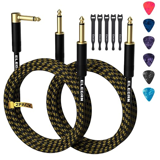 Guitar Cable 8 Ft/2 Pack-Right Angle+Straight to Straight Instrument Cable-90 Degree 1/4 Inch TS Electric Bass Guitar Cord-Gold Plated Nylon Braided Amp Cable 6.35mm Male with 6 Guitar Picks+5 Ties