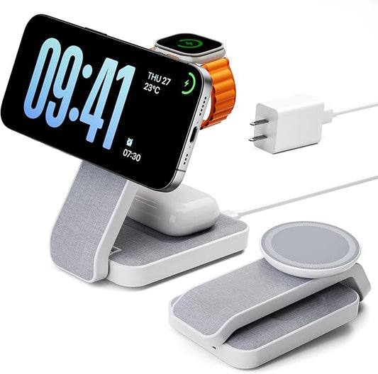 Eazpower 3 in 1 Foldable Wireless Travel Charging Station for MagSafe, Nightstand Magnetic Charger Stand for iPhone 17 16 15 14 Pro Max, Charging Dock with Night Light for Apple Watch/AirPods (White)