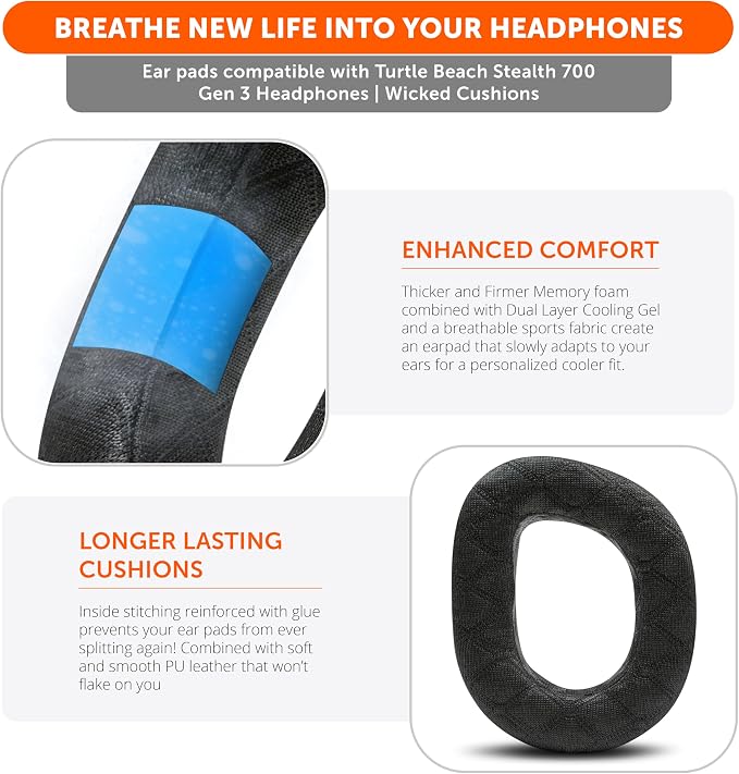 WC Freeze V2 Stealth 700 Gen 3 – Cooling Gel Earpads Compatible with Turtle Beach Stealth 700 Gen 3 by Wicked Cushions | Freeze V2 Cooling Fabric, Enhanced Comfort & Sound Isolation | Black