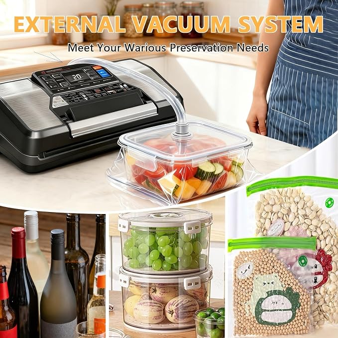 Gyreuni 95Kpa Vacuum Sealer Machine for Food with Bags, 12-in-1 Food Saver Vacuum Sealer with Double Heat Seal, Built-in Cutter,Accessory Hose, Bag Storage,10 Bags, 1 Bag Roll & Marker Pen,App Control