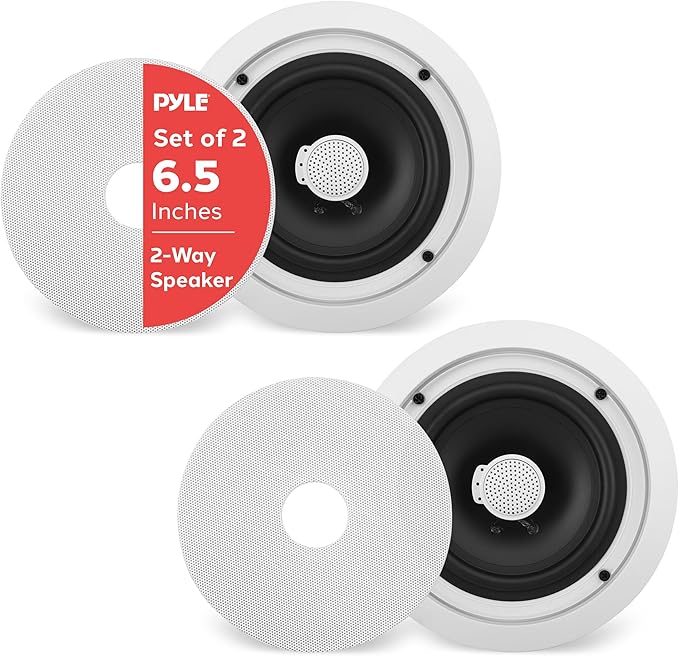 Pyle 6.5'' In-Wall/In-Ceiling Midbass Speakers (Pair) - 2-Way Woofer Speaker System Directable 1” Titanium Dome Tweeter Flush Mount Design w/ 65Hz - 22kHz Frequency Response 250 Watts Peak - PDIC60
