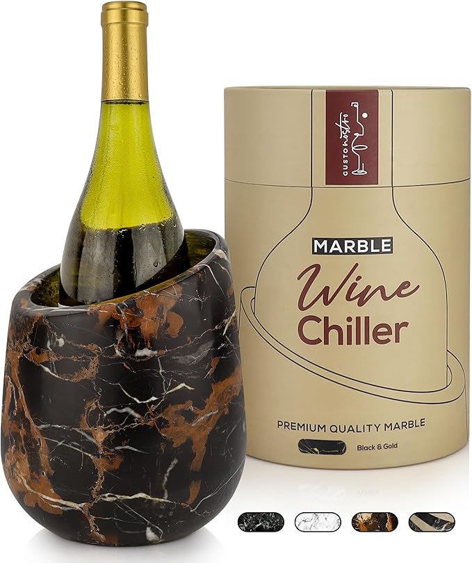 Gusto Nostro Marble Wine Chiller Bucket - 750ml Wine Bottle Cooler and Champagne Chiller for Party, Kitchen, Bar Cart Decor to Chill & Keep Bottles Cold with Unique Wine Lovers Gift Box, Black & Gold