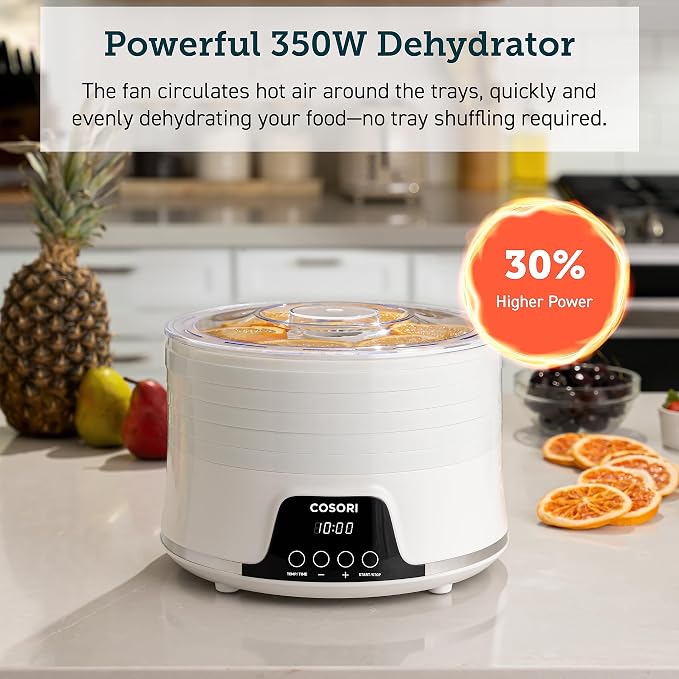 Cosori Food Dehydrator Machine for Jerky, 5 BPA-Free Trays with 165°F Temperature Control and 48H Timer, 350W Dryer for Fruit, Herbs, Meat, Veggies and Dog Treats, 50-Recipes Book Included