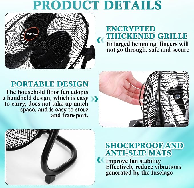Tujoe 15000Mah 12 Inch Solar Panel Powered Fan, 2 in 1 Solar Panel or AC Charger Powered Fan 12W 9V Portable for Chicken Coop Greenhouse Household Exhaust Camping Travel Outdoor(Black)