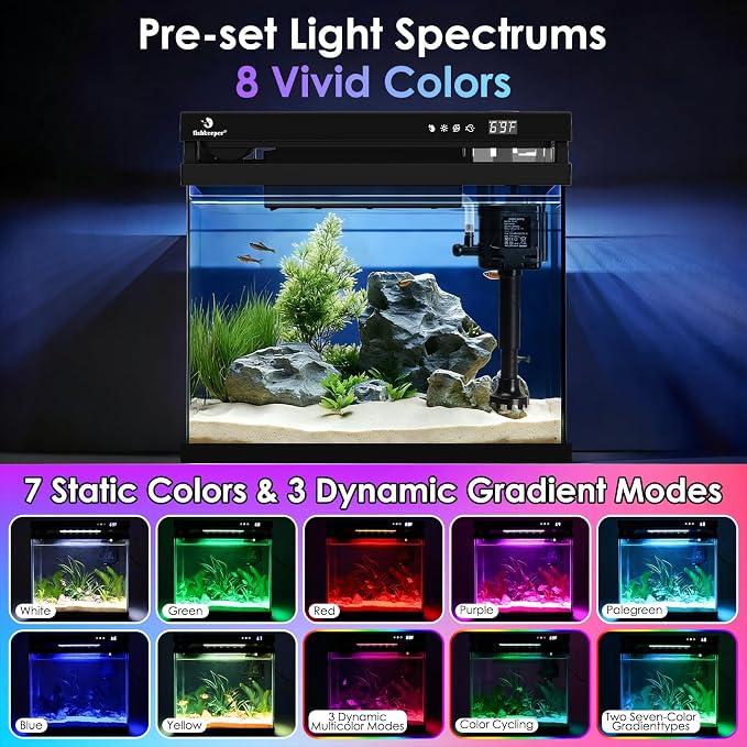 fishkeeper 2.3G Smart Aquarium - HD Glass Fish Tank Kits with Auto Feeder, Self-Cleaning Silent Filter Pump, Aromatherapy, Temperature Display & 7-Color RGB Lights for Desktop, Office, Room