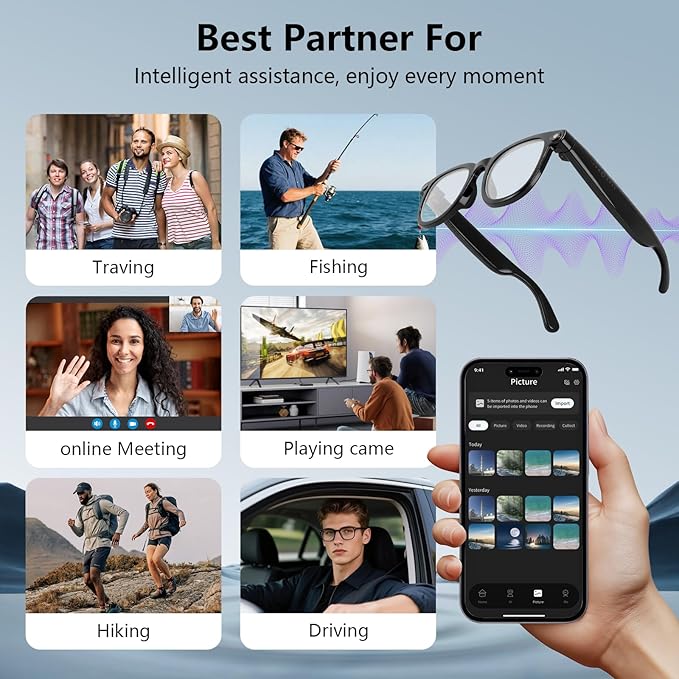 AI Smart Glasses with 4K HD Camera & Anti-Shake, ChatGPT Integrated Voice Control Glasses for Hands-Free Video Recording, Live Translation & Object Recognition, Bluetooth Smart Eyewear