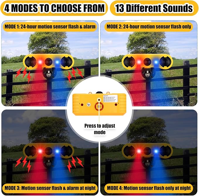 Qualirey 6 Pack Solar Outdoor Motion Sensor Alarm with Stake Animal Deterrent 2 x 129dB Loud Noisemaker 13 Sound Detector Strobe Light, 4 Mode Dog Barking Alarm Sensor on Ground or Fence