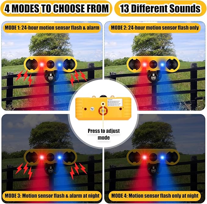 Qualirey 8 Pack Solar Outdoor Motion Sensor Alarm with Stake Animal Deterrent 2 x 129dB Loud Noisemaker 13 Sound Detector Strobe Light, 4 Mode Dog Barking Alarm Sensor on Ground or Fence