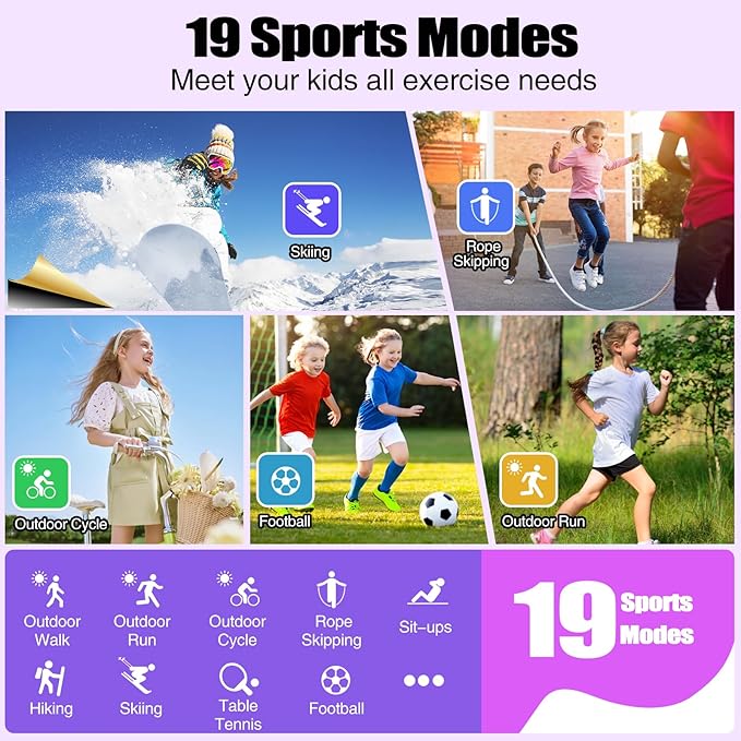 meoonley Kids Watch for Girls Boys with IP68 Waterproof, Girls Watch with 19 Sports Modes, Sleep Tracking, Pedometer, Stopwatch, Kids Activity Tracker, Birthday Gifts for Girls Age 6-15 Years Old