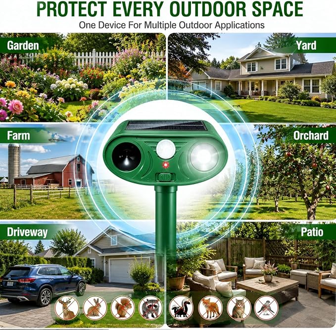 2 Pack Sonic Fortress Pro Deer Repellent Solar Animal Repeller Outdoor, Cats Deterrent Ultrasonic Animal Deterrent with Flashing Light, Deer Rabbit Squirrel Raccoon Fox Cat Repellent for Garden